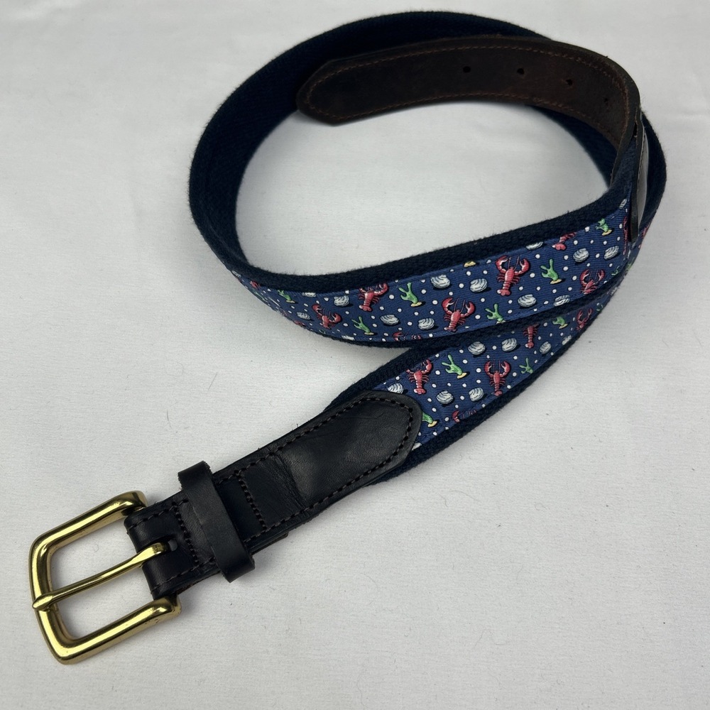 Vineyard Vines Mens 34 Lobster Clam Pearl Brown Leather Belt Preppy Coastal USA